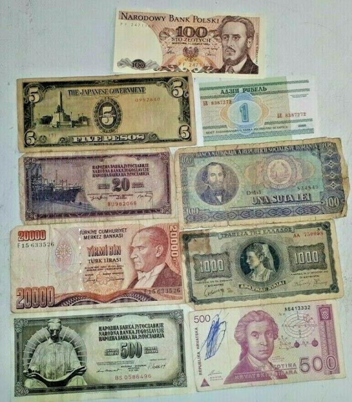 Lot of 9 World Banknotes Mostly Old European
