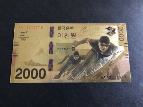 1Pcs South Korea 2000 Won Gold Plated Bill(banknotes)/New Winter Olympic