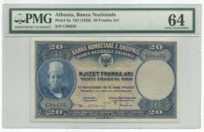 Albania 20 Franka Ari ND(1926) P#3a Banknote PMG 64 - Choice Uncirculated