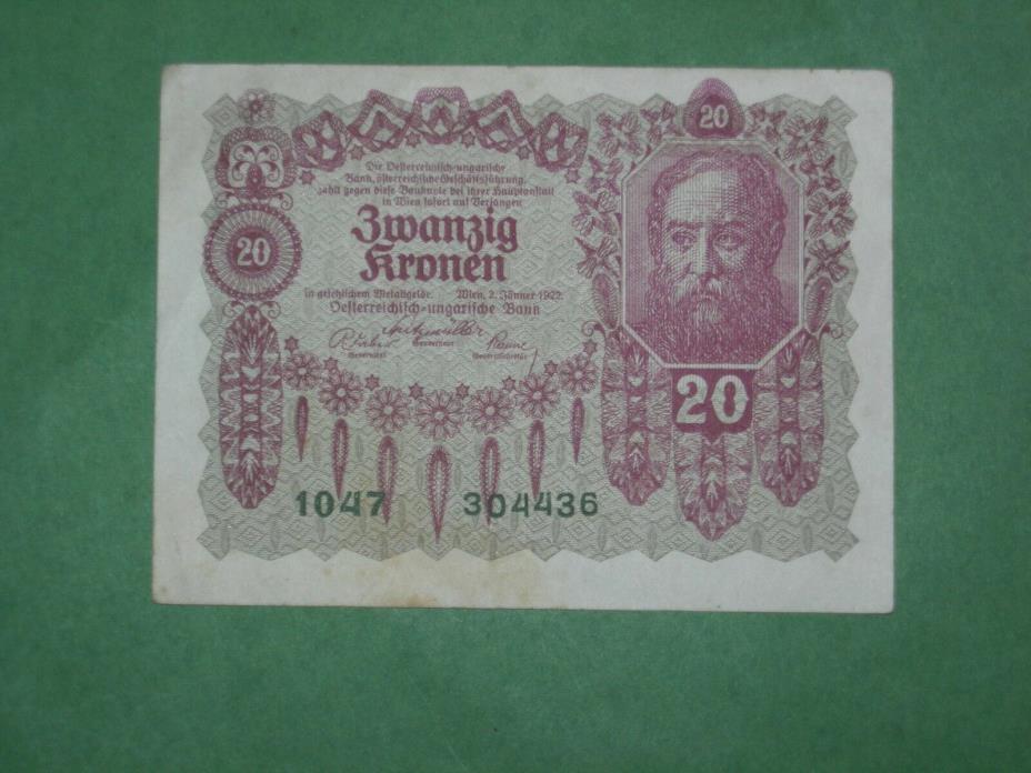AUSTRIA 1922 20 KRONEN BANKNOTES P-76 CIRCULATED