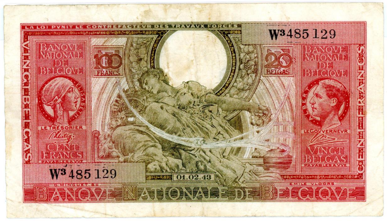 Belgium P 123  100 Francs-20 Belgas 01.02.43