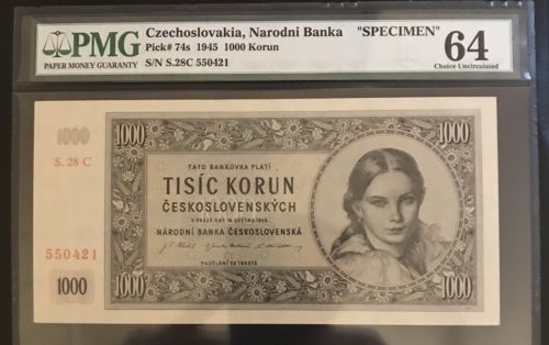 1945 Czechoslovakia 1000 Korun “SPECIMEN”Note PMG 64!!!