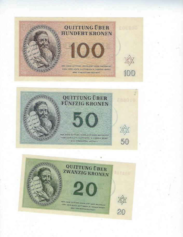 WW2 THERESIENSTADT 7 NOTE SET UNCIRCULATED GHETTO CONCENTRATION CAMP 1943 SCRIPT
