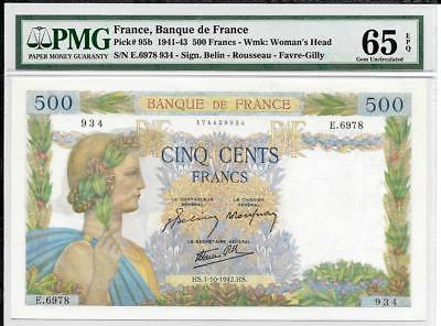 France 1942 500 Francs Banque De France - P95b - PMG 65 EPQ -Spectacular!