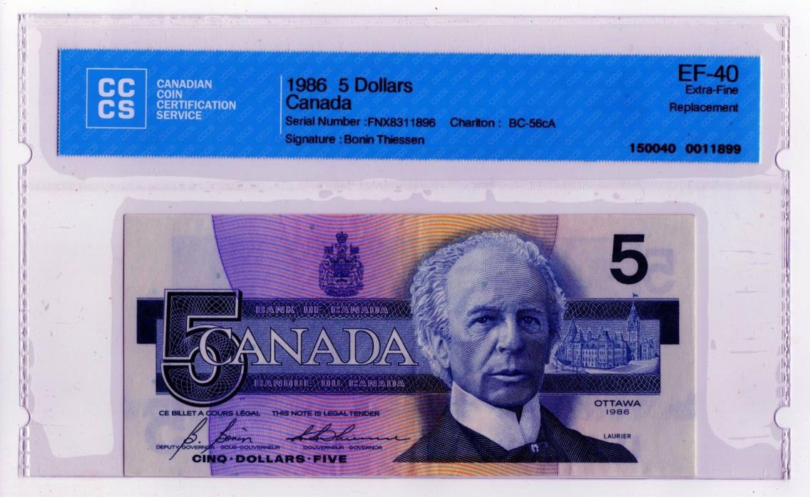 1986 Canada 5 Dollar Replacement Note - FNX8311896 - EF-40, BC-56cA
