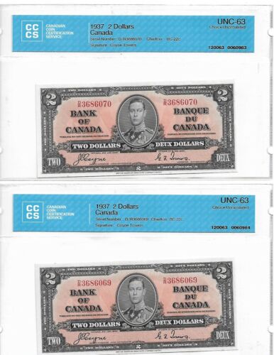 1937 Bank Of Canada 2$ Consecutive CCCS UNC63