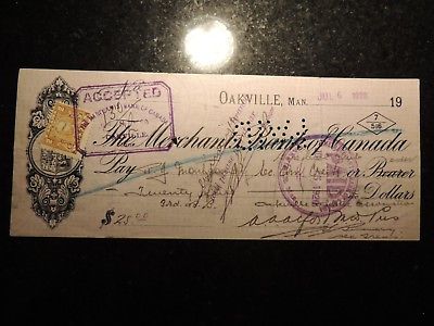 MERCHANT BANK OF CANADA LARGE CHEQUE CHECK OAKVILLE MANITOBA $25.00 1920 JULY 6