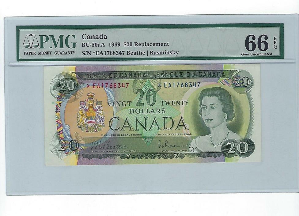 1969 $20 BC-50aA *EA Replacement Bank of Canada Note; PMG GEM UNC 66 EPQ