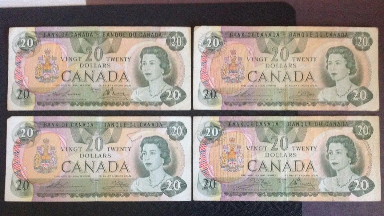 4 CANADA 1979 $20 DOLLAR BANKNOTES CIRCULATED