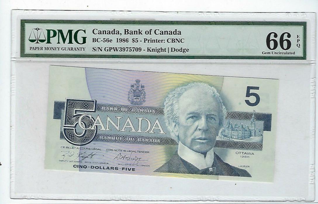 Canada 1986 BC-56e $5 Changeover Note GPW Knight/dodge PMG 66 EPQ