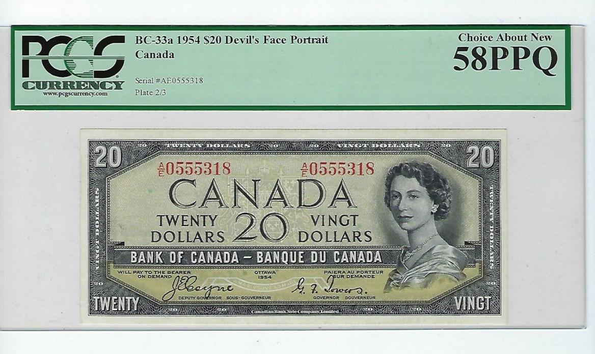 DEVILS FACE, ,$ 20 1954, Bank of Canada BC-33a 58 PPQ pcgs Nice note