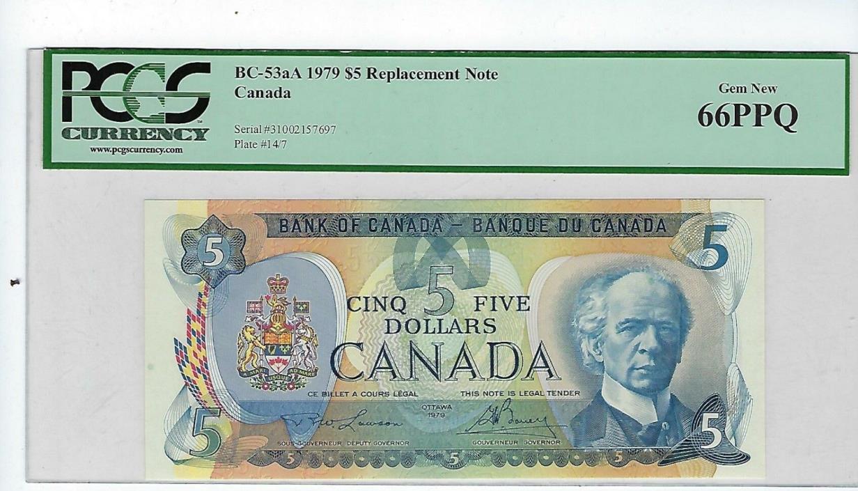 **1979**Law/Bou $5 Replacement Note BC-53aA PCGS 66 PPQ Cat $550/MS65