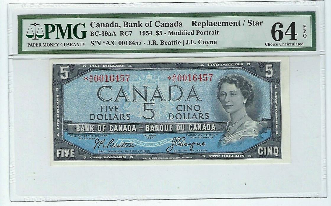1954 $5 *A/C REPLACEMENT Beattie & Coyne BC-39aA. PMG UNC 64 EPQ 16000 minted