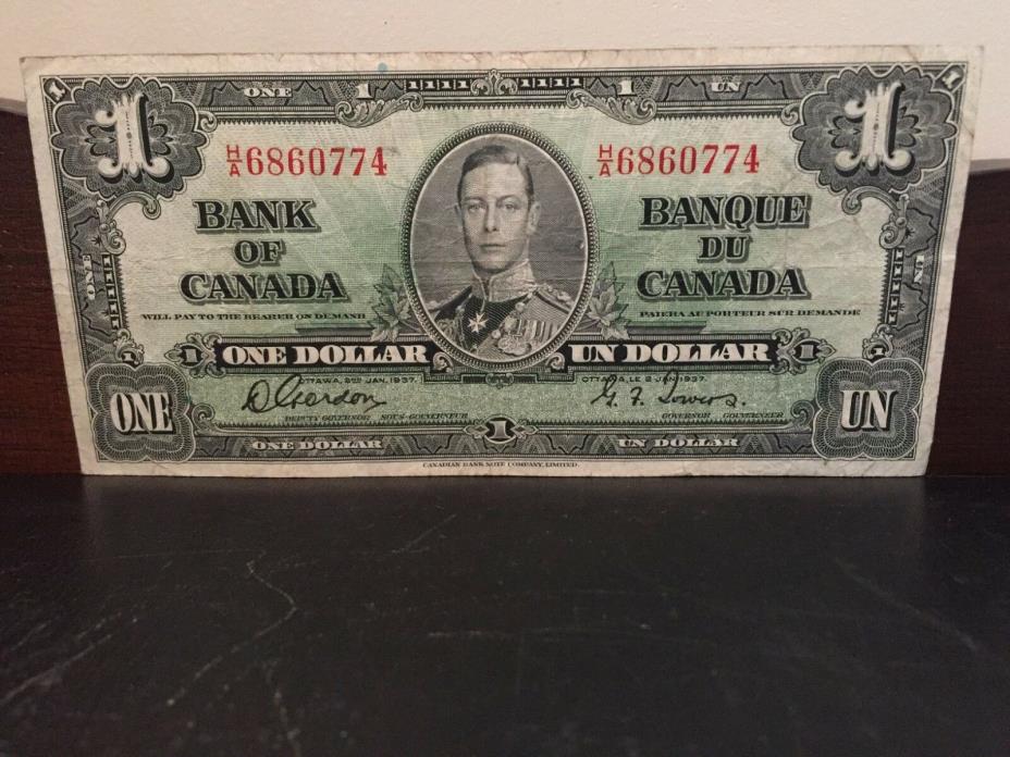 Canada 1937 One Dollar Bill H/A 6860774 Gordon/Towers