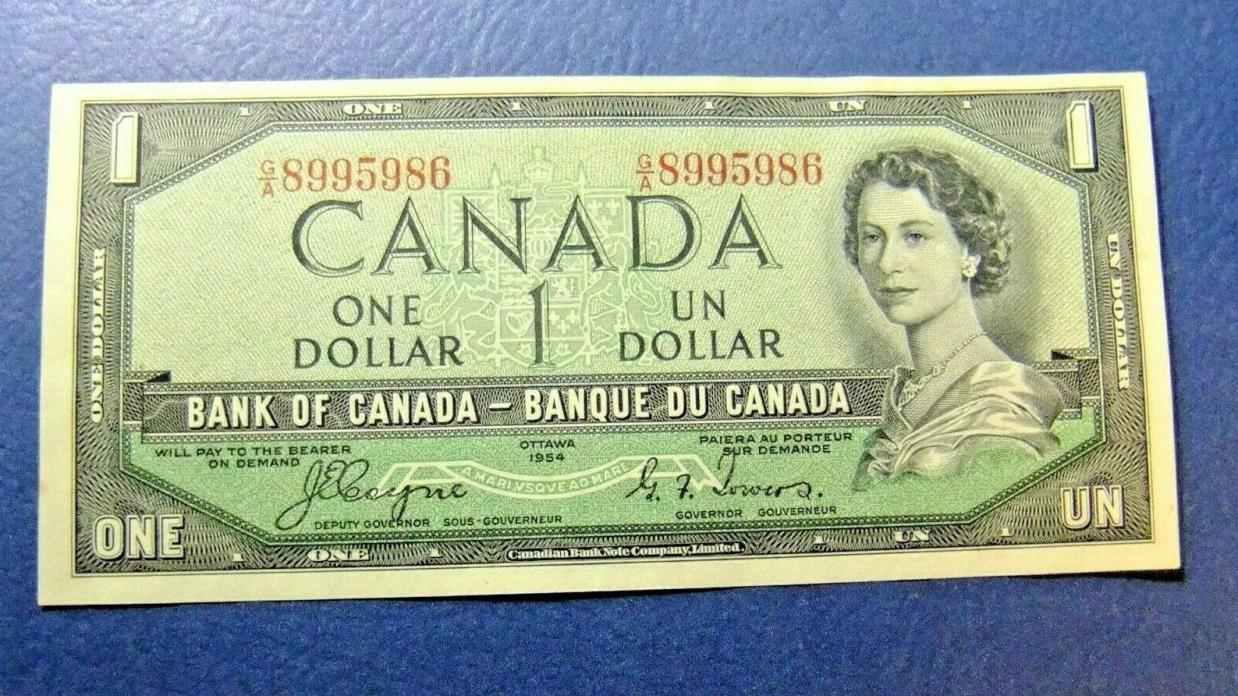 AU55/UNC - 1954 Bank of Canada DEVILS FACE One Dollar Note
