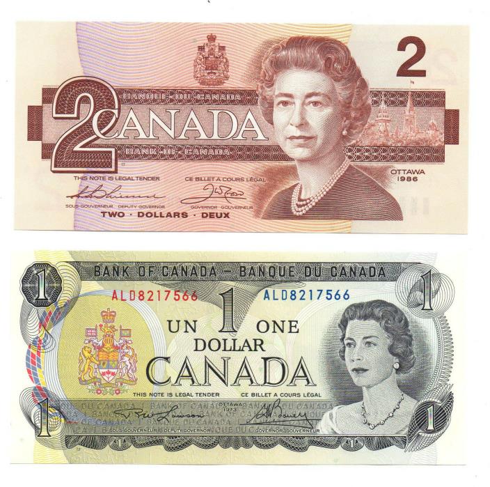 Canada $1.00 & $2.00 Bills (TWO BILLS) Crisp Uncirculated 1973 & 1986