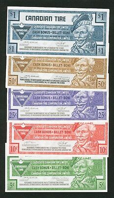 Canadian Tire Money Lot of 5 Notes  5, 10, 25, 50 Cents & $1.00 notes