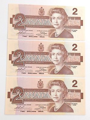 1986 Canada 3 Consecutive Two 2 Dollar Canadian Notes Series BGG Banknote I108