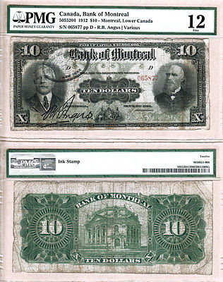 Scarce 1912 $10 Bank of Montreal issued note PMG Fine12, 505-52-04