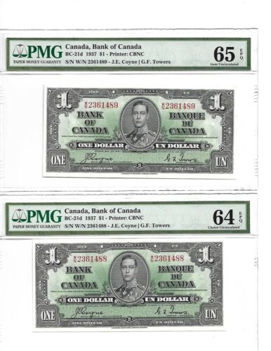 1937 Bank Of Canada 1$ Consecutive PMG UNC RARE Prefix W/N