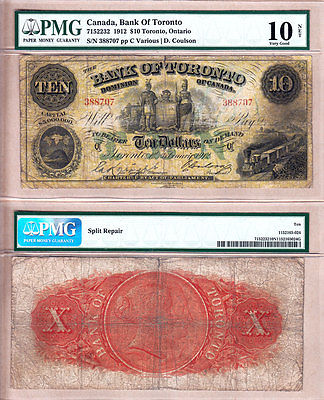 Very Rare (4 Known) 1912 $10 Bank of Toronto (TD Bank) Large Size Note. PMG VG10