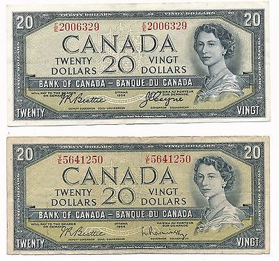 $20.00 Bank of Canada CIRC Notes-Beattie & Coyne-Queen Elizabeth Devil Face-1954