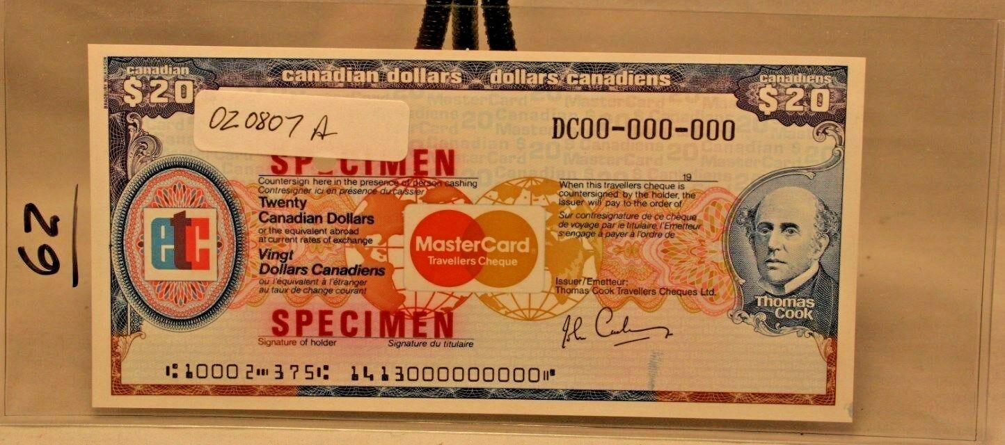 $20 Canadian Travelers Cheque Specimen Thomas Cook