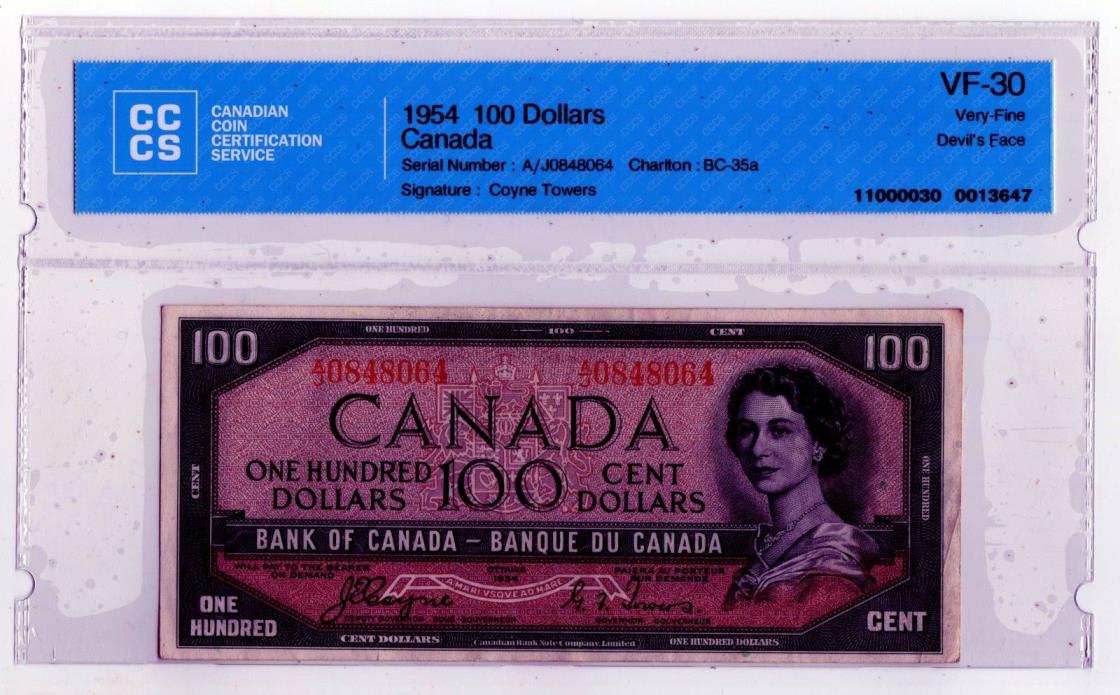 1954 Canada 100 Dollar Devil's Face Note - AJ0848064 - VF-30, BC-35a