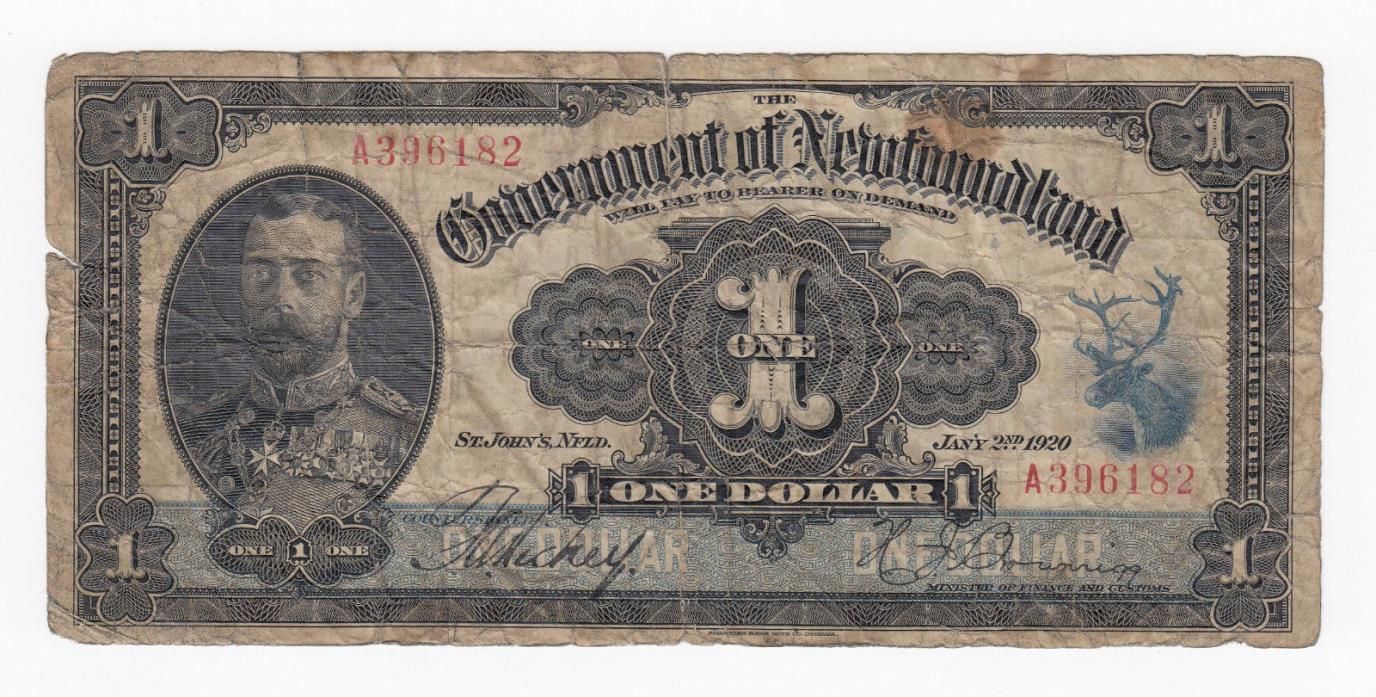 1920 Government of Newfoundland $1 Fine Condition - Cat#NF-12b - S/N: A396182
