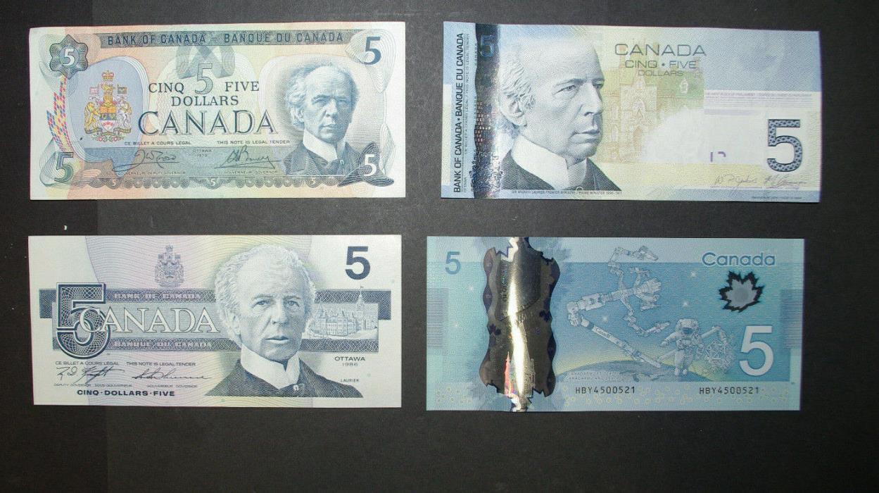 4 BANK OF CANADA $5.00 BILLS 1979, 1986, 2006, 2013 APPEAR TO BE UNCIRCULATED