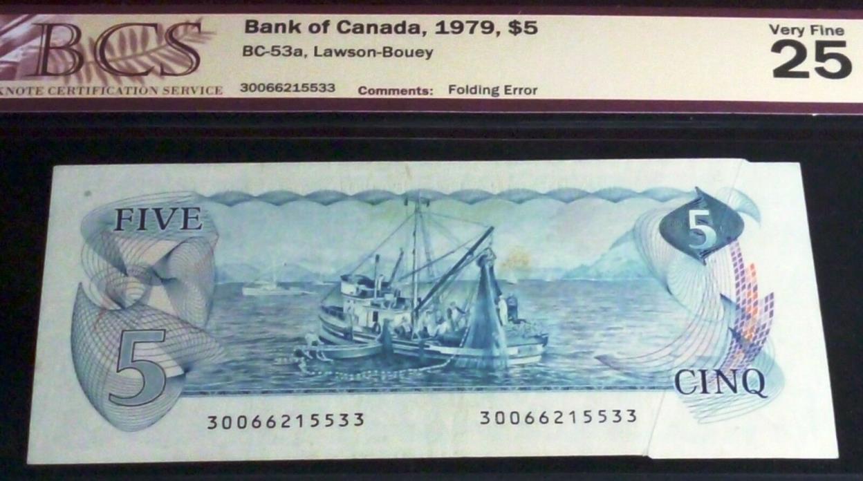ERROR :FOLDING ERROR  $5   BANK OF CANADA 1979   -BCS CERTIFIED