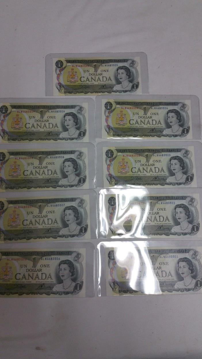 9 consecutive 1973 CANADA  1 DOLLAR BILLS NOTES NICE CRISP UNC prefix ALN