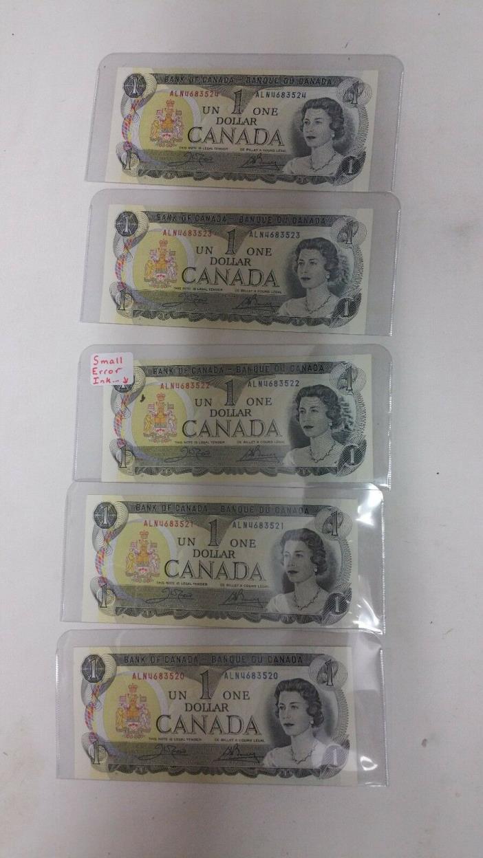 5 consecutive 1973 CANADA  1 DOLLAR BILLS NOTES NICE CRISP UNC prefix ALN