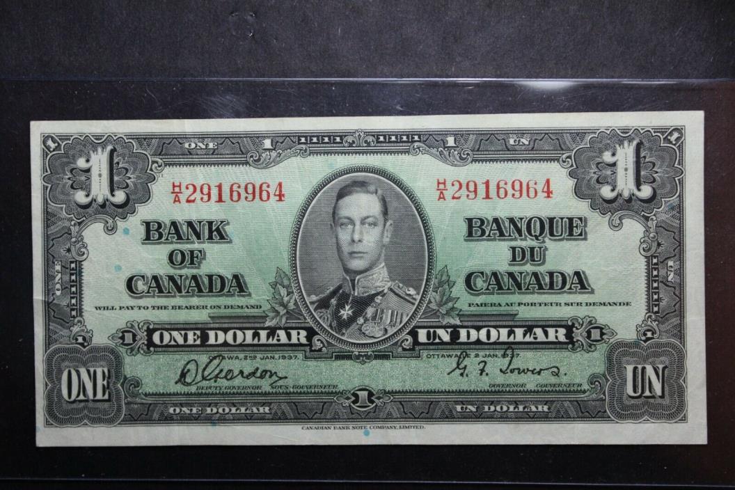 1937 BANK OF CANADA $ 1 ONE DOLLAR GORDON TOWERS NARROW PANEL H/A  BC-21b