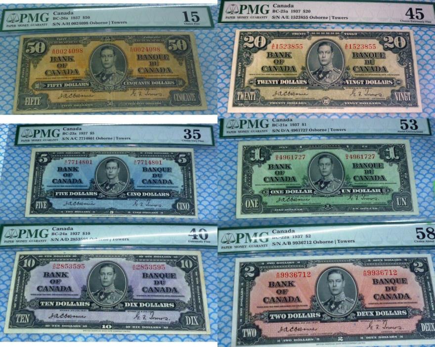 OSBORNE / TOWERS 1937 SET OF 6 NOTES $1 $2 $5 $10 $20 $50 PMG GRADED CANADA