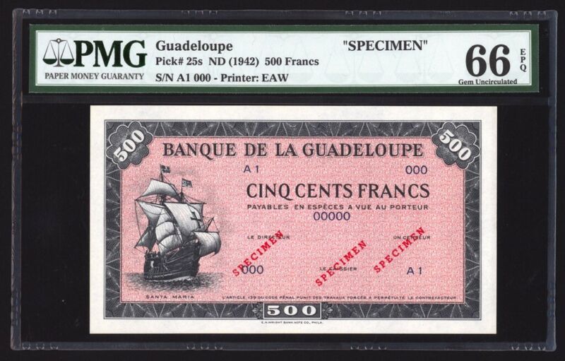 Guadeloupe 500 Francs Specimen 1942 P25s PMG Gem Uncirculated 66 EPQ