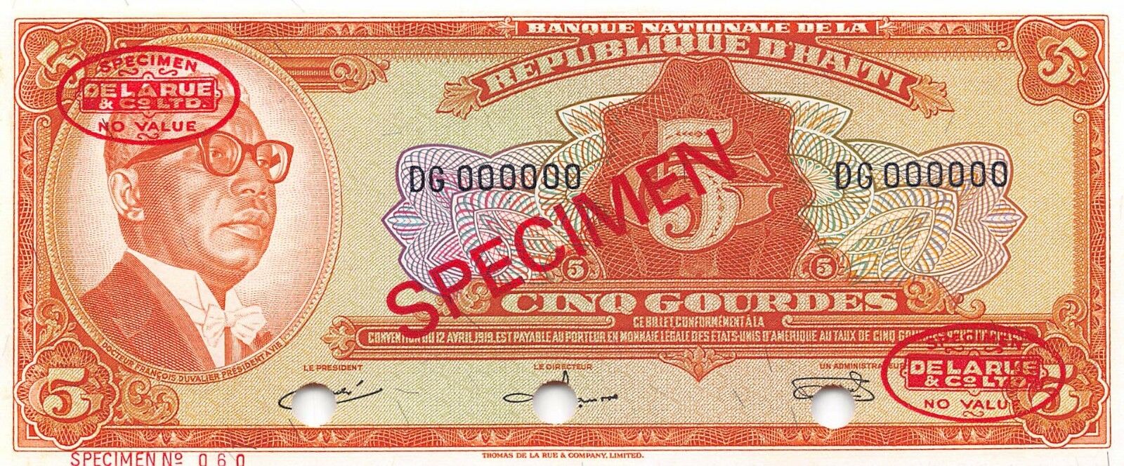 Haiti  5 Gourdes  L. 1919  P 198s  De La Rue Specimen Uncirculated Banknote