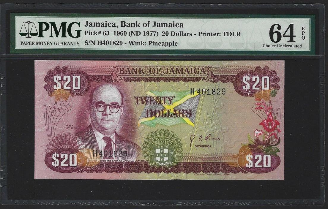 (1960) 1977 Jamaica $20 Dollars, PMG 64 EPQ UNC, VERY RARE GRADE 1st Date P-63