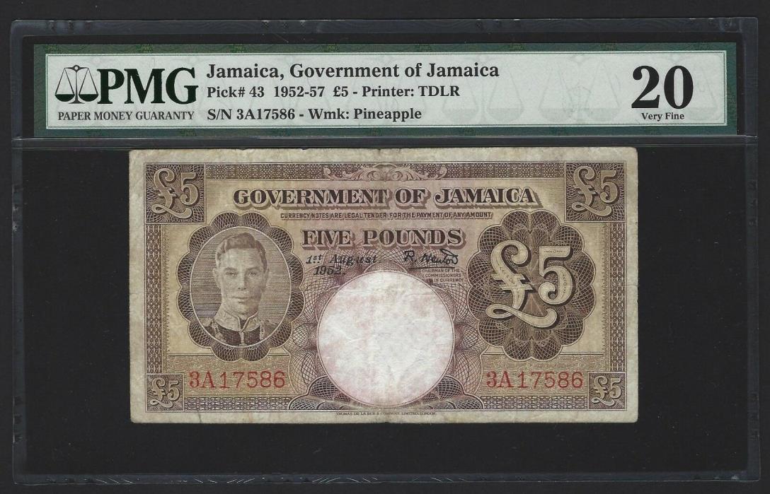 1952 Jamaica 5 Pounds, KGVI First Date & Prefix Very Rare, PMG 20 VF P-43