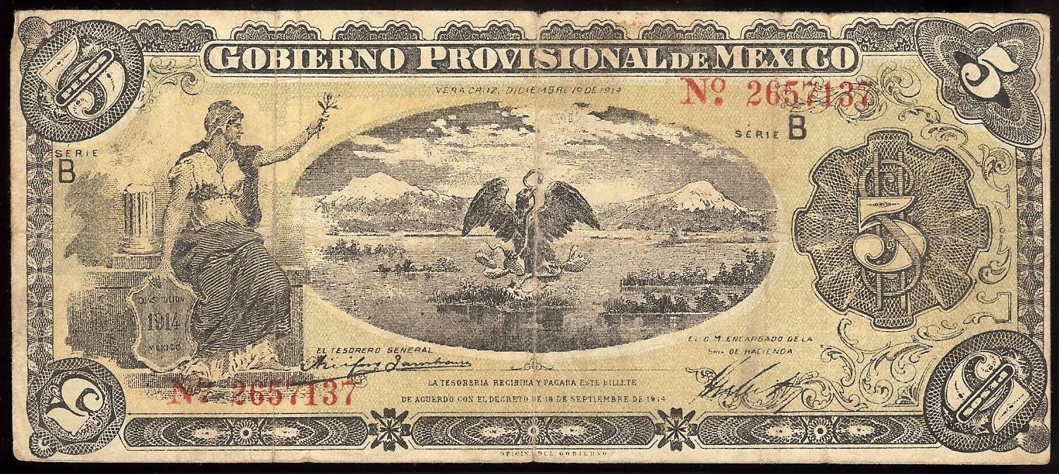 Mexico M3972cc¦MI-VER-32(S-1105) Gobierno Provisional de Mexico, V $5 B,'14 F/VF