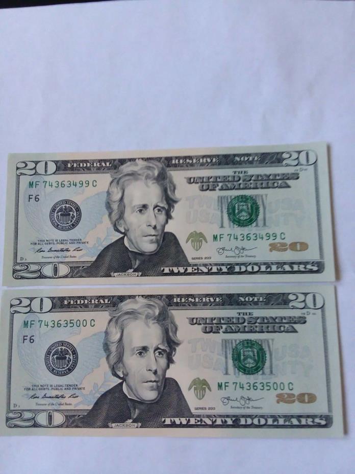 US 2013 $ 20 Crisp Bank Note Last 2 Conse Even #S,Note in Discr.