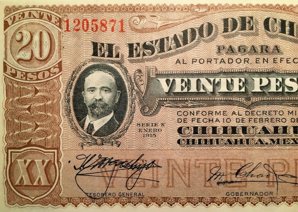 1915 Mexico 20 Pesos Banknote, Currency, Paper Money, Pik 5537a, Very Nice!