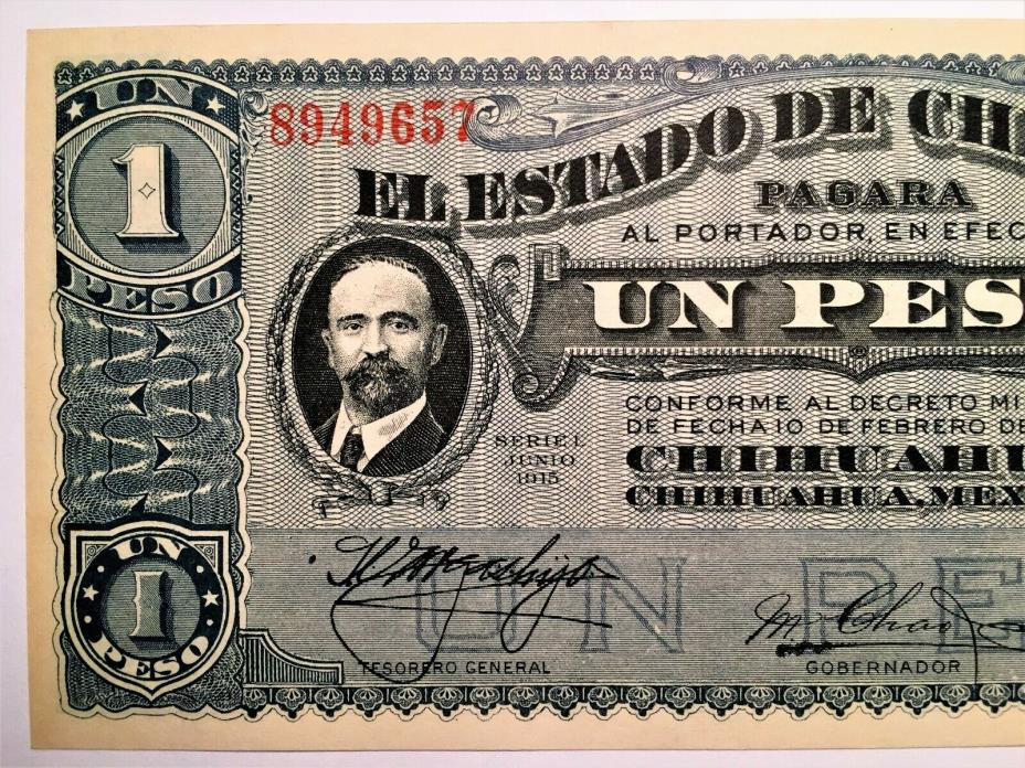 1915 Mexico One 1 Un Peso Banknote, Currency, Paper Money, Very Nice!