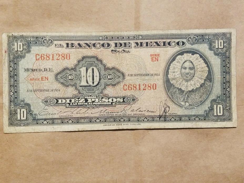 1954 Mexico 10 Pesos note Mexican ten pesos bill banknote VERY NICE !