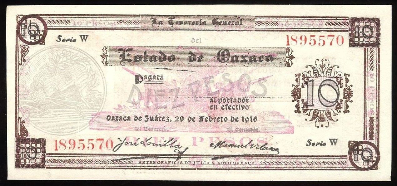 Mexico M3374l¦SI-OAX-15.3(S-957) Oaxaca $10 GreyDonaji, JULIA W, 29 Feb 1916 UNC