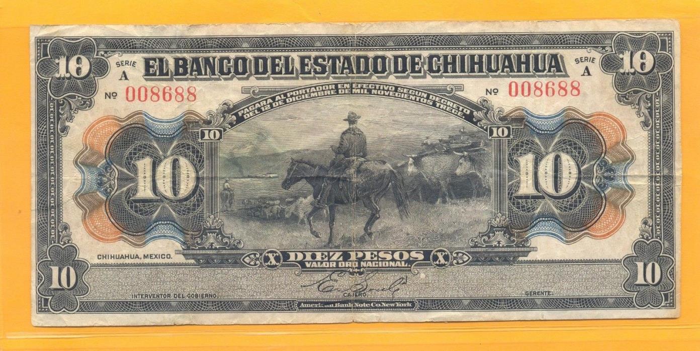 Mexico 1913 10 Pesos El Banco Del Estado De Chihuahua Pick #S133a Cowboy