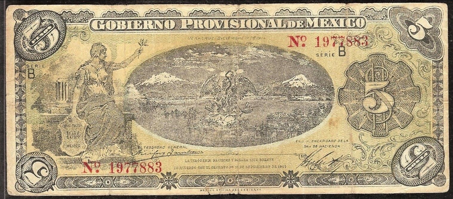 Mexico M3972bb¦MI-VER-32(S-1105) Gobierno Provisional de Mexico, Ver $5 B,1914 F