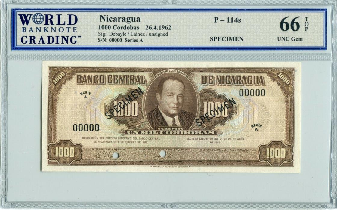 Nicaragua P114s Specimen 1,000 Cordobas 1962, WBG UNC GEM 66 TOP