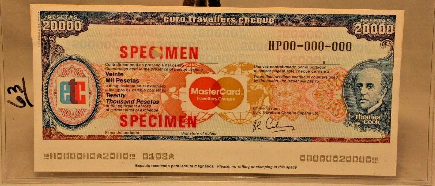 20000 Pesetas Spain Euro Travellers Cheque Specimen Thomas Cook