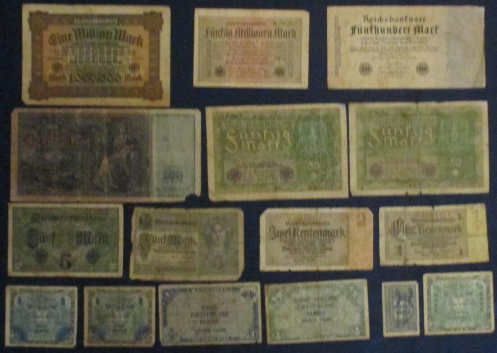 16 pieces German Germany Inflation Currency 51,000,700+ Deutshe Marks 1922 1923